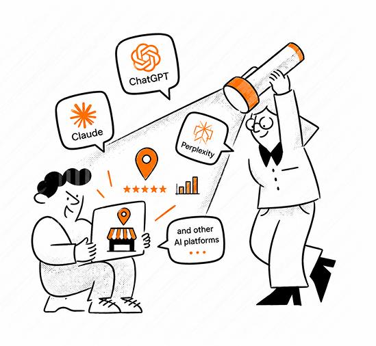 A local business owner being connected with customers through ChatGPT, Claude, Perplexity, and other AI platforms.